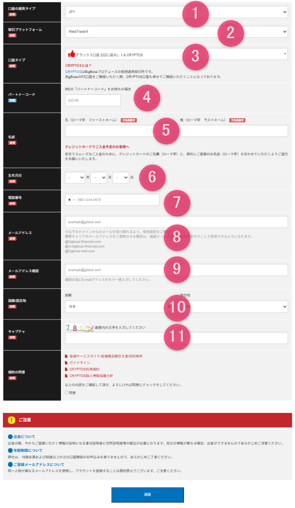 BigBossの口座開設ページの画像