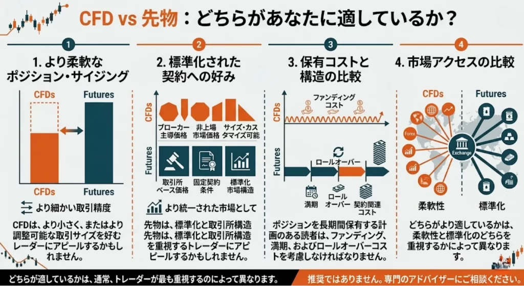CFDか先物取引か? — あなたの取引スタイル、サイジングのニーズ、保有期間によって異なります。