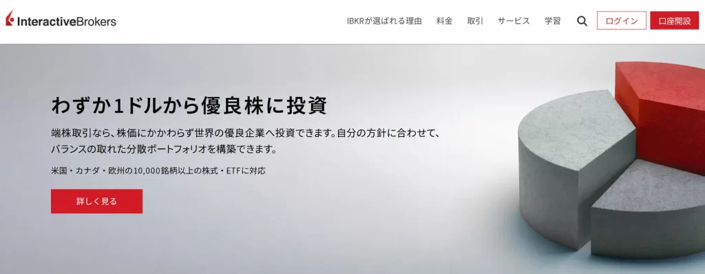 Interactive Brokers Japan hero banner: Japanese headline about investing from $1 with a prominent red call-to-action button 詳しく見る on the left and stacked geometric blocks on the right.