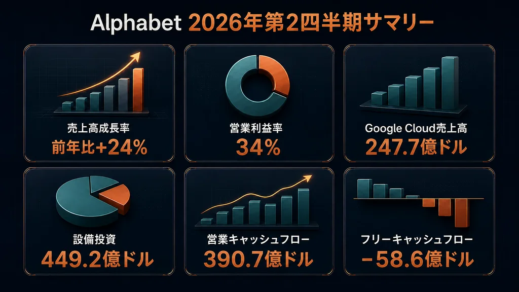 Alphabet 2026年Q2サマリーの6パネル。財務指標を示すインフォグラフィックです。