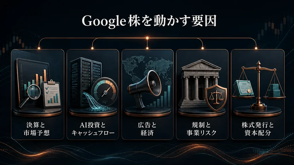 業績、AI投資、広告、規制、資本配分など、Googleの株価変動に影響する要因を示すVantage Marketsの図。