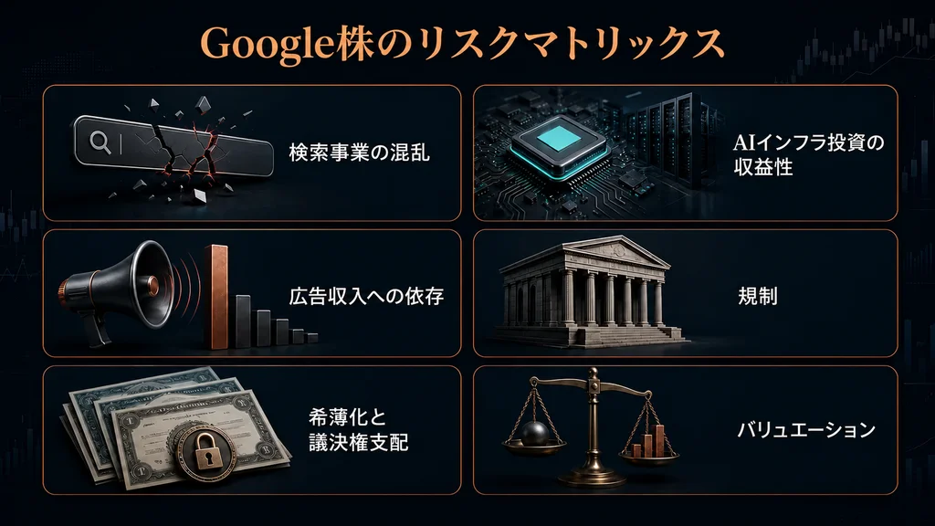 Google株のリスクマトリックスを示す6つの要素が並ぶダーク背景のインフォグラフィック。