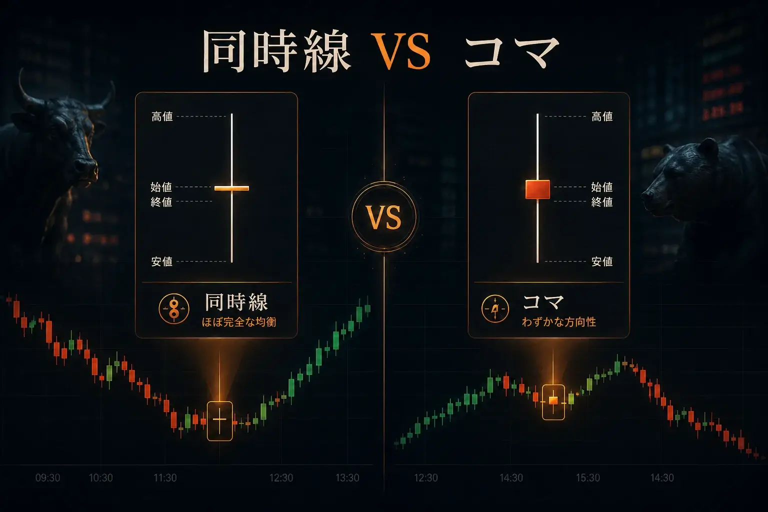 ドジとスピニングトップのローソク足を比較し、実体・始値・終値・市場の解釈の違いを示した図。