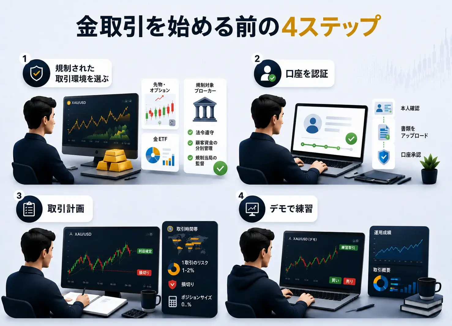 ゴールドのデイトレードを始める前に取るべき4つのステップ:規制された取引方法を選ぶ、口座を開設して本人確認をする、取引プランを作る、デモ口座で練習する、を示すインフォグラフィック